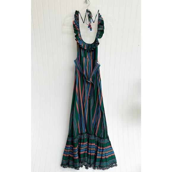 Zimmermann Allia Ruffled Striped Cotton Maxi Dress Green Tiered Boho Large - Picture 3 of 9
